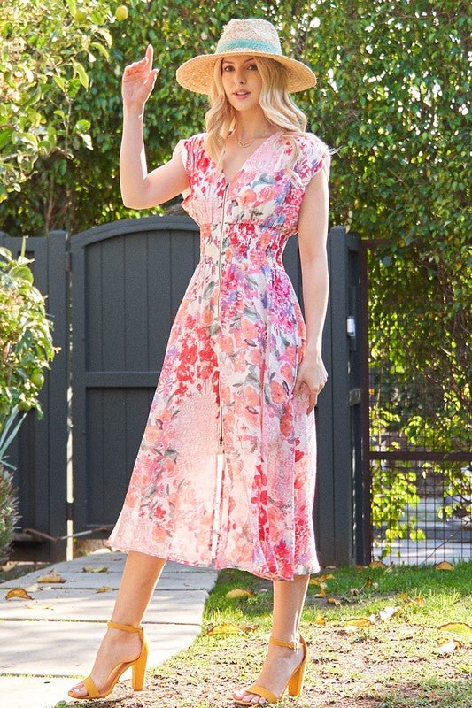 Ruth Cap Sleeve Floral Print Zip Up Midi Dress Fuchsia