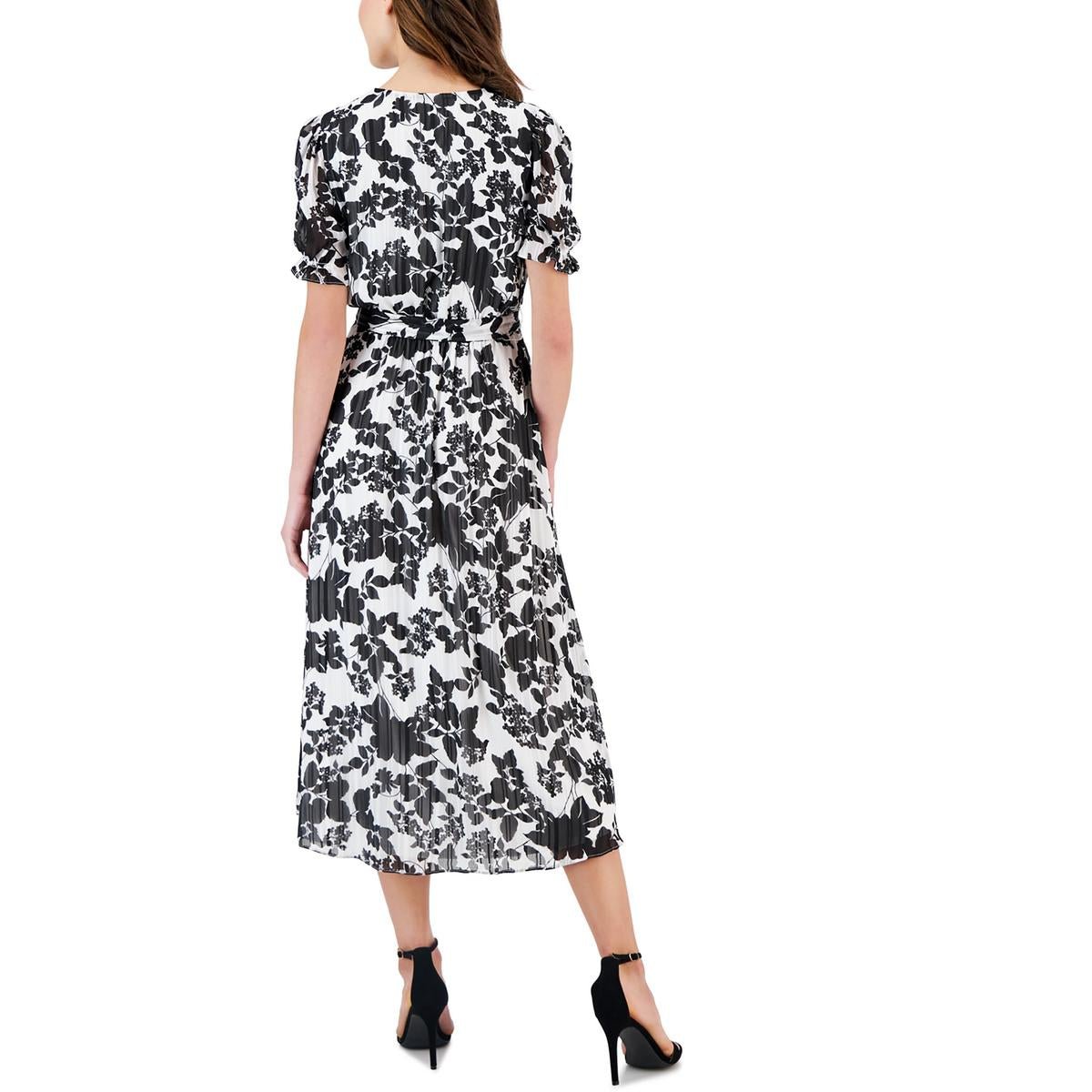 Anne Klein Womens Floral Print V-Neck Midi Dress